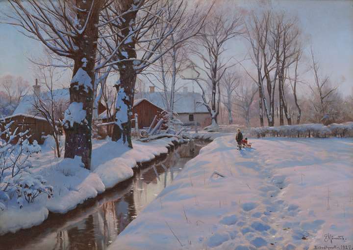 A winter landscape with children sledding